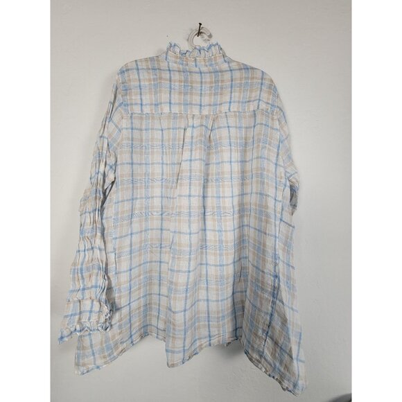 CP Shades Womens Large Plaid Ruffle Collar Button Top Linen Blue Beige 1358-228 - Picture 2 of 9